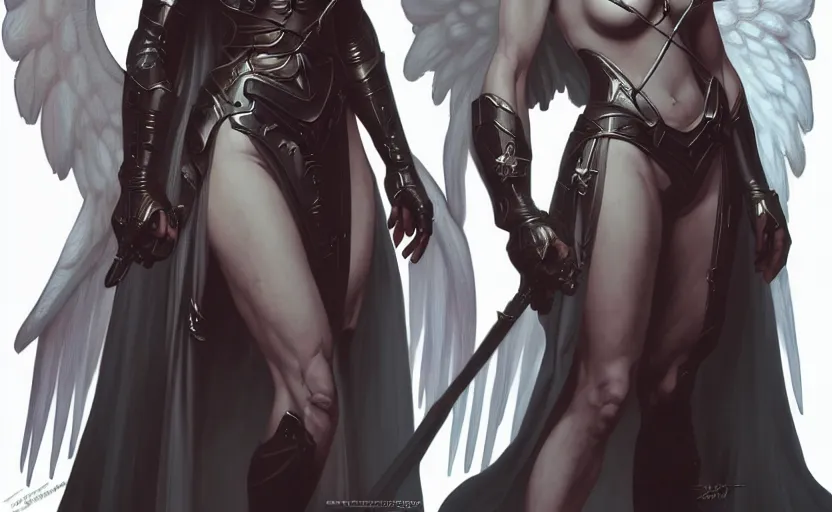 Image similar to Concept art character sheet of an Angel knight gothic girl, sci-fi, highly detailed, digital painting, artstation, concept art, smooth, sharp focus, illustration, art by artgerm and greg rutkowski and alphonse mucha