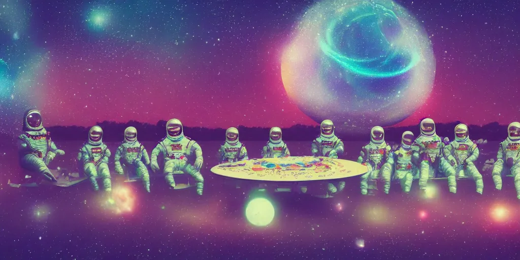 Image similar to twelve cosmonauts sitting by the river with a big holiday cake + octane render + ue 5 + planets and stars + mystical fog + psychedelic colors + trippy colors + super detail, high quality