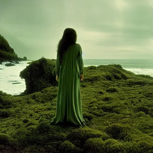 Prompt: dark and moody 1 9 7 0's artistic spaghetti western film in color, a woman in a giant billowy wide long flowing waving dress made out of white sea foam, standing inside a green mossy irish rocky scenic landscape, crashing waves and sea foam, volumetric lighting, backlit, moody, atmospheric