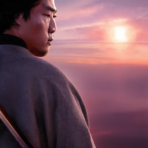 Image similar to epic movie cover depicting a samourai facing the sunset, cinematic lighting