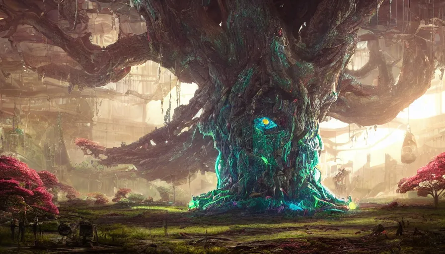 Prompt: ben lo illustration of the largest tree in the world under invisible force field, bioshock concept art, solarpunk, hopeful, colorful, unreal engine, hyper realism, realistic shading, cinematic composition, realistic render, octane render, detailed textures, photorealistic, wide shot