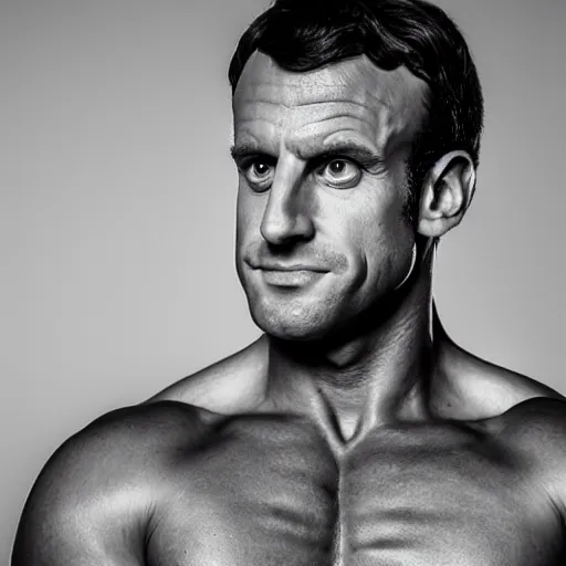 Image similar to photo of a close portrait of emmanuel macron as a bodybuilder, studio lightning, 4 k, highly detailled