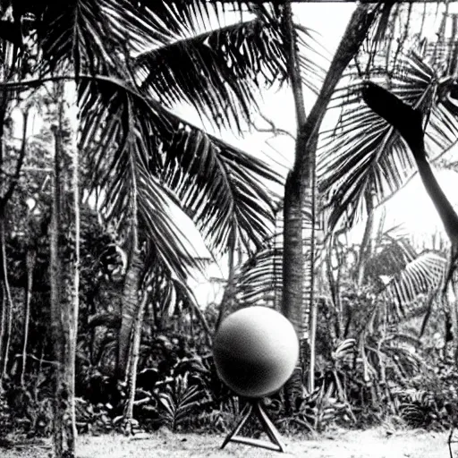 Prompt: a rizom lost film footage of a ( ( ( ( ( ( ( ( sphere ) ) ) ) ) ) ) ) in the middle of the tropical jungle / tropicalism / tropicalism / tropicalism / film still / cinematic / enhanced / 1 9 2 0 s / black and white / grain