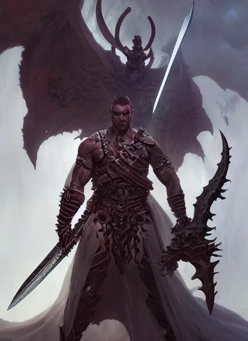 Prompt: a male horned demon fighter with a huge sword and wings, dim light, front game card, marvel comics, dark, intricate, highly detailed, smooth, artstation, digital illustration by ruan jia and mandy jurgens and artgerm and wayne barlowe and greg rutkowski and zdislav beksinski