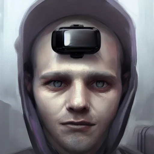 Image similar to Portrait of a man by Greg Rutkowski, symmetrical face, an young man with a VR Heaset above his eyes, Kubric Stare, cold, twisted and sinister smile, highly detailed portrait, scifi, digital painting, artstation, book cover, cyberpunk, concept art, smooth, sharp foccus ilustration, Artstation HQ