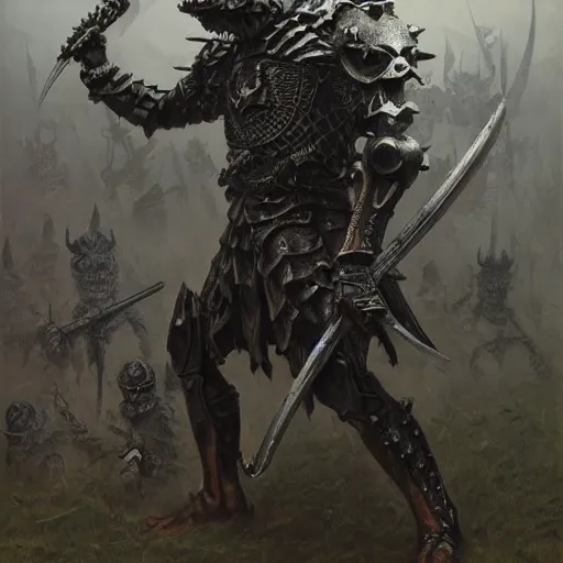 Image similar to berserk skullknight daedric armor, anthropomorphic shiba inu, holding rifle, stuning 3 d render, masterpiece, glowing black aura, foggy dark graveyard, by donato giancola and greg rutkowski and wayne barlow and zdzisław beksinski, realistic face