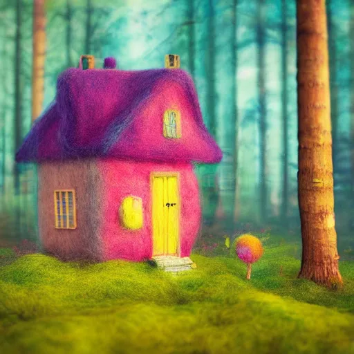 Image similar to small wooden house in the middle of spring forest, bright colours, watercolor, volumetric wool felting, macro photography, children illustration, by mike winkelmann