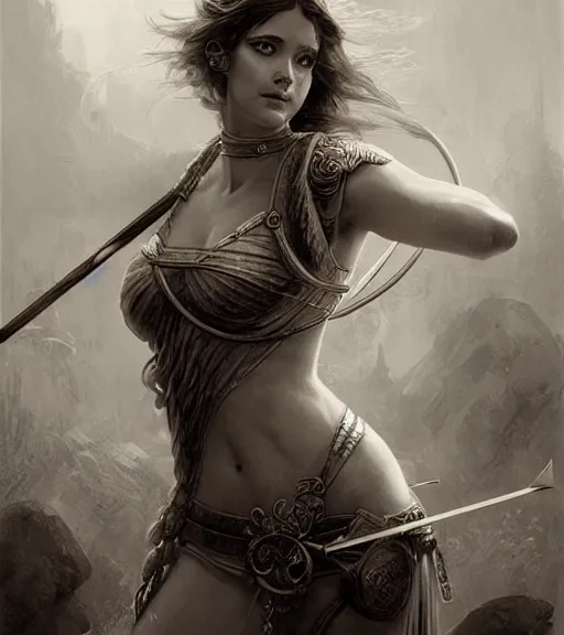 Image similar to beautiful young aphrodite goddess as an archer warrior, realistic face, beautiful eyes, black and white drawing, in the style of greg rutkowski, fantasy, amazing detail, epic, intricate, elegant, smooth, sharp focus