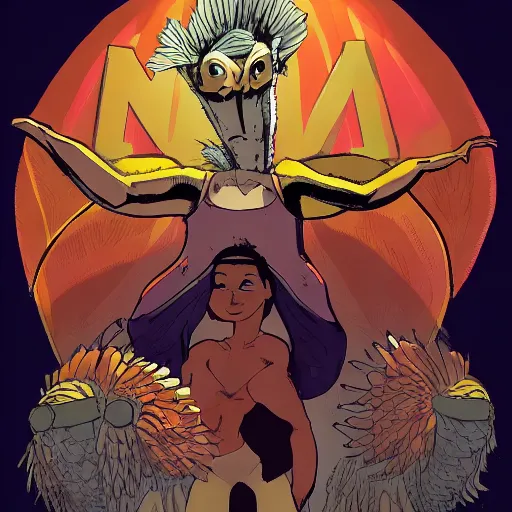 Image similar to ripped physique winged man Norm MacDonald disguised as a mothra whilst wearing a traffic cone hat cliff chiang roc upchurch brian k. vaughan vanesa r. del ray joelle jones mike mignola