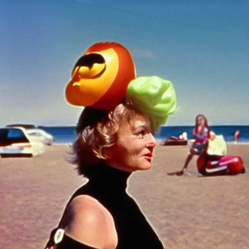 Image similar to middle aged woman with an inflatable toy head on top of her head wearing a dress at the seaside 1976 French film archival footage technicolor film expired film 16mm new wave John Waters