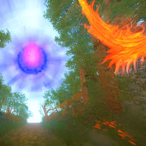 Image similar to a beautiful firey portal to another dimension, floating in the air, in a forest clearing, hyper detailed, 8 k