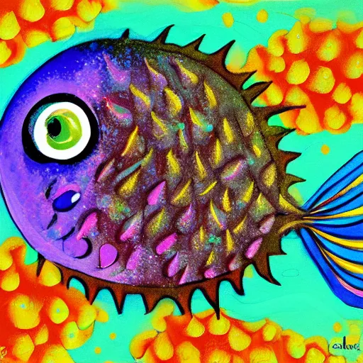 Prompt: a pufferfish having a trip, vibrant colors, acrylic painting, digital art