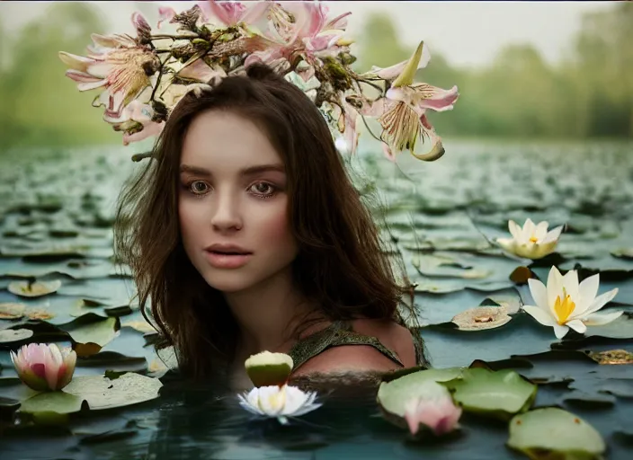 Image similar to face is emerging from the water Kodak Portra 400, 8K, soft light, volumetric lighting, highly detailed, britt marling style 3/4, photo close-up portrait of extreme beautiful girl floating in water surrounded by lily pads, half face in the water, a beautiful lace dress and hair are intricate with highly detailed realistic beautiful flowers , Realistic, Refined, Highly Detailed, natural outdoor soft pastel lighting colors scheme, outdoor fine art photography, Hyper realistic, photo realistic