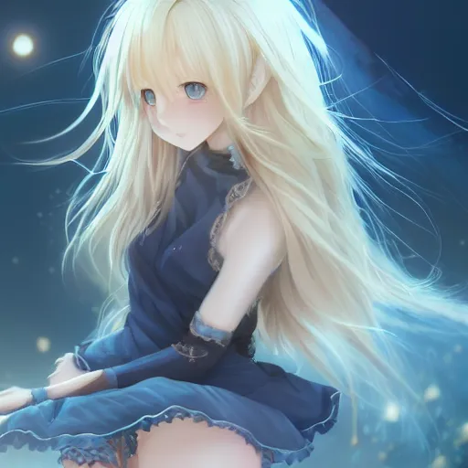 Image similar to a very beautiful anime cute girl, full body, long wavy blond hair, sky blue eyes, full round face, short smile, fancy top, miniskirt, front view, medium shot, mid-shot, laying in bed, highly detailed, cinematic wallpaper by Stanley Artgerm Lau