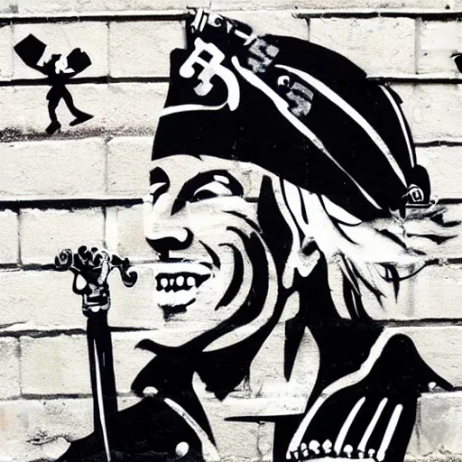 Image similar to a happy smiling loving blond beautiful pirate captain gazing into the horizon in the style of banksy