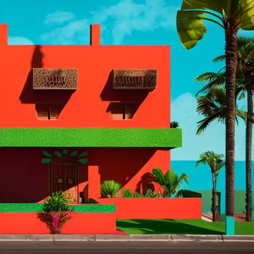 Image similar to freddy mamani silvestre house facade, highly detailed, photo, artstation, 3 d render, gta 6 style, sharp focus, environment lighting, style by wes anderson and vernacular signs, bolivian cholitas, 8 k, ultra realistic, glow, soft lighting, hyperrealistic, unreal engine