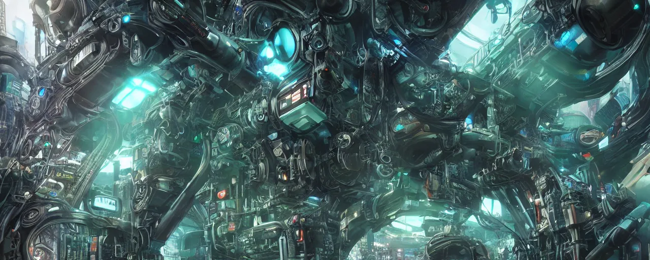 Image similar to Portrait of a cyberpunk sci-fi VR holoreel machine engine, third person, D&D, sci-fi fantasy, cogs tubes tanks pistons pulleys, monitor screen, intricate, green black ebony, highly detailed, art by Range Murata, highly detailed, 3d, octane render, bright colors, digital painting, trending on artstation, sharp focus, illustration style of Stanley Artgerm, background in a cinematic