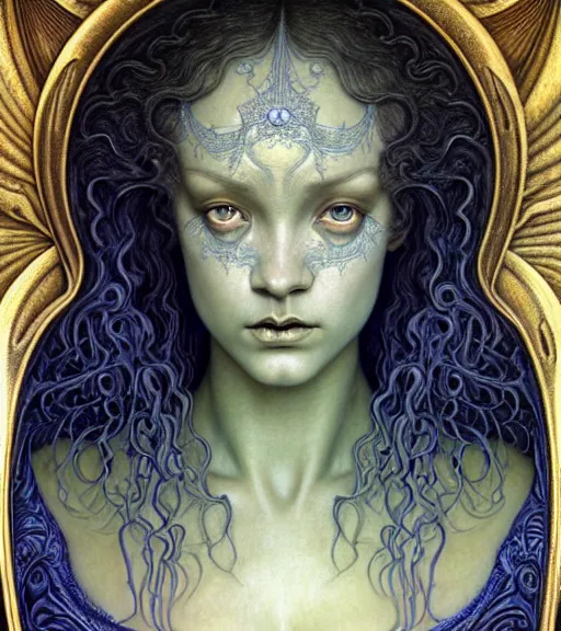 Image similar to detailed realistic beautiful young medieval alien robot rihanna face portrait by jean delville, gustave dore and marco mazzoni, art nouveau, symbolist, visionary, gothic, pre - raphaelite. horizontal symmetry by zdzisław beksinski, iris van herpen, raymond swanland and alphonse mucha. highly detailed, hyper - real, beautiful, fractal baroque