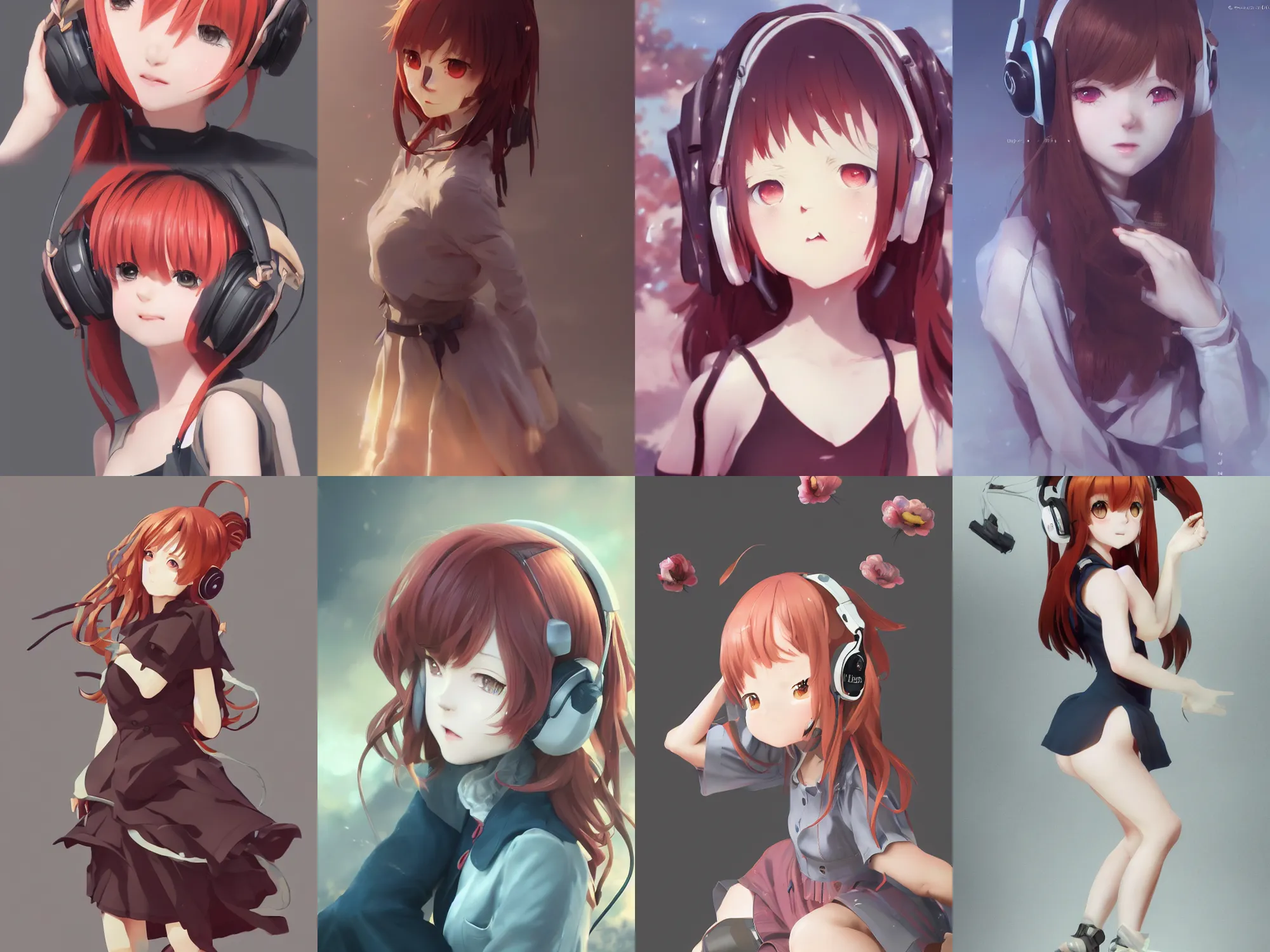 Image similar to Very complicated dynamic composition, realistic anime style at Pixiv CGSociety by WLOP, ilya kuvshinov, krenz cushart, Greg Rutkowski, trending on artstation. Zbrush sculpt colored, Octane render in Maya and Houdini VFX, cute young redhead girl in motion, she expressing joy, wearing dress, headphones, silky hair, stunning deep eyes. In cityscape. Very expressive and inspirational. Amazing textured brush strokes. Cinematic dramatic atmosphere, soft volumetric studio lighting.