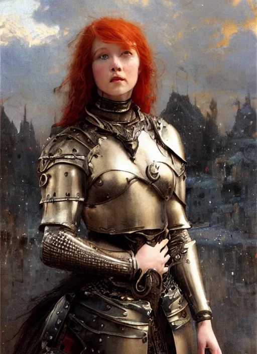 Image similar to young mischievous redheaded woman wearing black medieval armour, detailed, by gaston bussiere, bayard wu, greg rutkowski, giger, maxim verehin, greg rutkowski, masterpiece, sharp focus, cinematic lightning