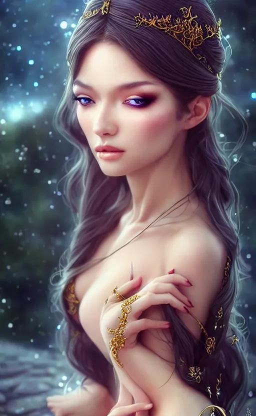 Image similar to a fantasy photo of gorgeous russian female, evening gown, bokeh, medium shot, beautiful face, professionally retouched, soft lighting, realistic, smooth face, perfect eyes, sharp focus, 8 k realistic high definition, insanely detailed, intricate, elegant, art by artgerm and kyoung hwan kim