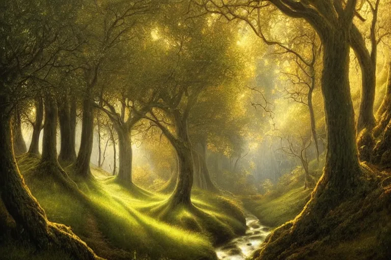 Prompt: masterpiece painting of oak trees on a hillside overlooking a creek, dramatic lighting, by tomasz alen kopera