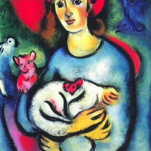 Prompt: a painting of a young women holding a lamb with a pink bow, painted by marc chagall