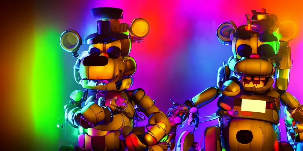 Image similar to fnaf freddy, cyberpunk, rgb, neon, hd, cinematic,