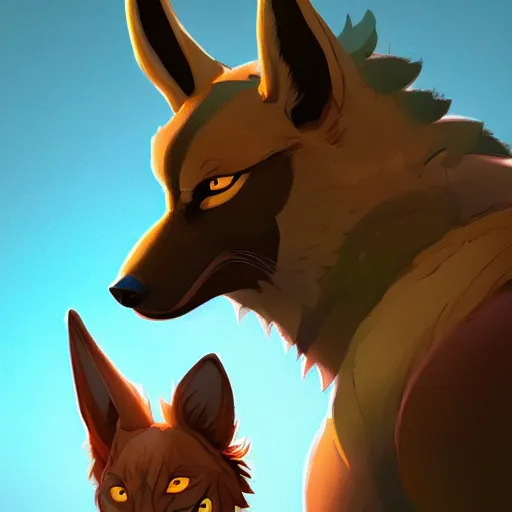 Image similar to portrait of anubis, an antropomorphic creature with coyote face, dark hair, mattepainting concept blizzard pixar maya engine on cold night stylized background splash comics global illumination lighting artstation lois van baarle, ilya kuvshinov, rossdraws