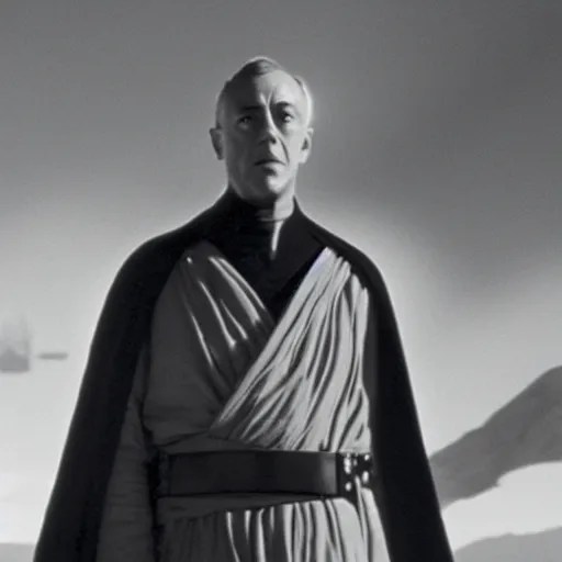 Image similar to film still of young alec guiness as a jedi in new star wars movie, dramatic lighting, highley detailled face, kodak film, wide angle shot, desert landscape