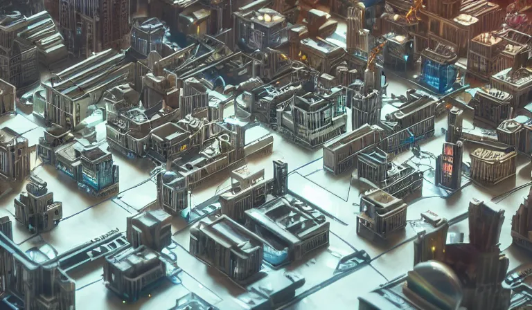 Image similar to large group people in simple warehouse, looking at hologram of futuristic city on a table, cinematic concept art, godrays, golden hour, natural sunlight, 4 k, clear details, tabletop model buildings, center model buildings, hologram center, crane shot, crane shot, crane shot, clear details, windows