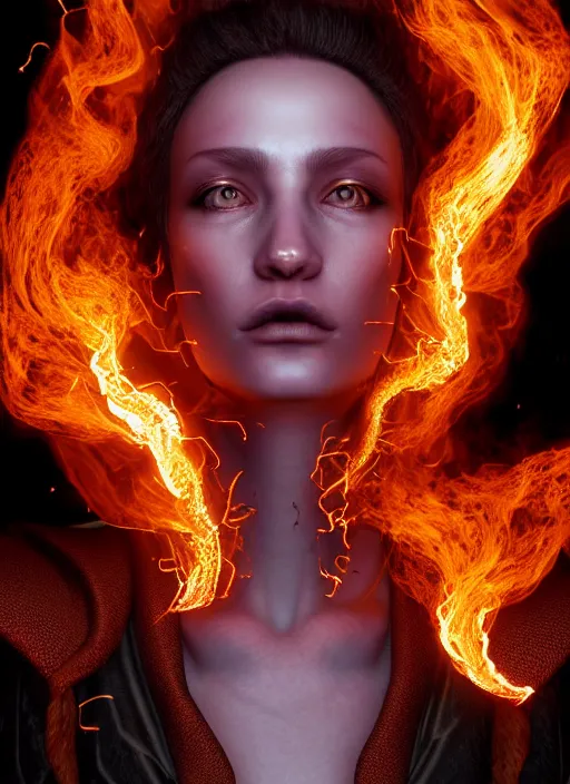 Image similar to hyperrealistic mixed media portrait of an evil female pyromancer, stunning 3d render inspired art by Lars Grant-West + perfect facial symmetry + dim volumetric lighting, ornate flowing robes, radiant fiery energy, swirling wispy smoke, 8k octane beautifully detailed render, post-processing, extremely hyperdetailed, intricate, epic composition, grim yet sparkling atmosphere, cinematic lighting + masterpiece, trending on artstation, Art Nouveau