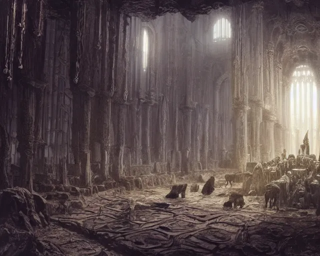 Image similar to king of the wolves - fantasy, inside the king's hall wolves and their treasures, ethereal, ominous, misty, 8 k, by h. r. giger and greg rutkowski