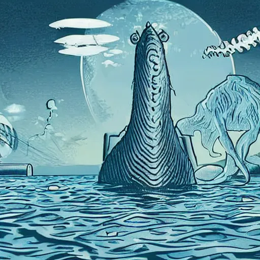 Image similar to the loch ness monster swimming through a retrofuturistic atompunk underwater city