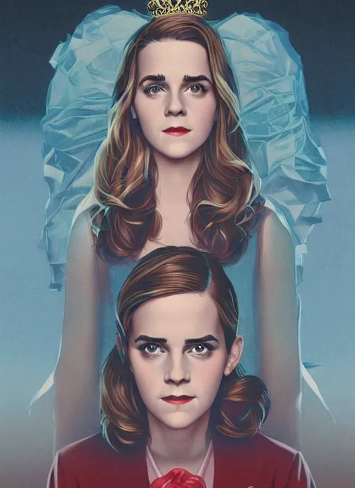 Image similar to poster artwork by Michael Whelan and Tomer Hanuka, Karol Bak Emma Watson and Kiernan Shipka in beauty pageant, from scene from Twin Peaks, clean