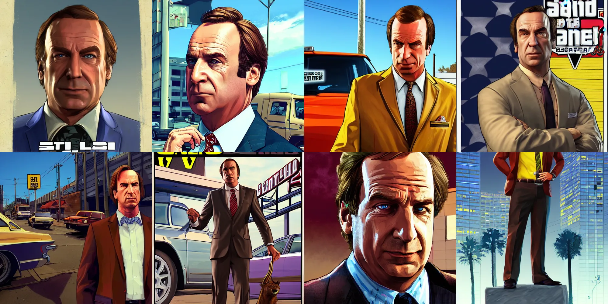 Prompt: a detailed artwork saul goodman in gta v, cover art by stephen bliss, artstation, no text, loading screen