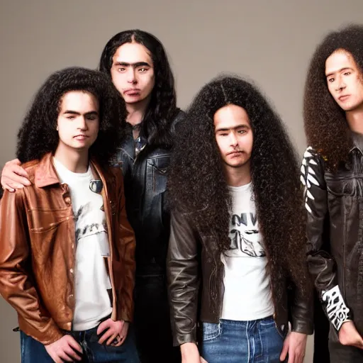 Prompt: Group of ethnically diverse 19-year-old boys and girls with long permed wavy brown hair and afros leather jacket and denim jeans, holding electric guitars, 2022, stoner rock, heavy rock, retro metal, HD photography