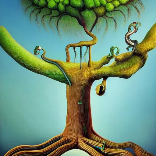 Prompt: Trending on artstation, award-winning, highly detailed, surrealist painting of a tree, in the style of Salvador Dalí