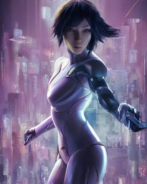 Image similar to weta disney pixar movie still portrait photo of motoko kusanagi ghost in the shell : : as cyborg woman by pixar : : by weta, wlop, ilya kuvshinov, rossdraws, artgerm, marvel, maxim cover, latex, octane render, sweaty, iridescent, bright morning, anime, liosh, mucha : :