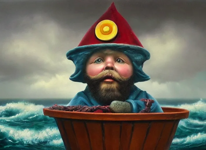 Image similar to a terrified garden gnome sailing in a bucket, background of raging ocean on a stormy day with dramatic clouds, an ultrafine detailed painting by mark ryden, trending on deviantart, pop surrealism, whimsical, lowbrow, rainy, perfect symmetrical face