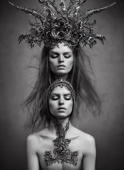 Prompt: a portrait of female model by stefan geselle and nekro borja, photorealistic, intricate details, hyper realistic, fantasy, elegant, ornate metal headpiece, photorealistic, canon r 3, photography, wide shot, symmetrical features, wide angle shot, perfect body, standing pose, feet on the ground