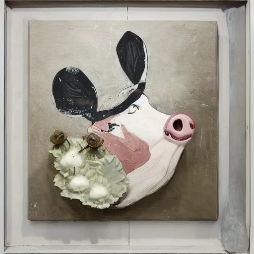 Image similar to “pig paintings and pig sculptures in a pig art gallery, pork, ikebana white flowers, white wax, squashed berries, acrylic and spray paint and oilstick on canvas, by munch and Dali”