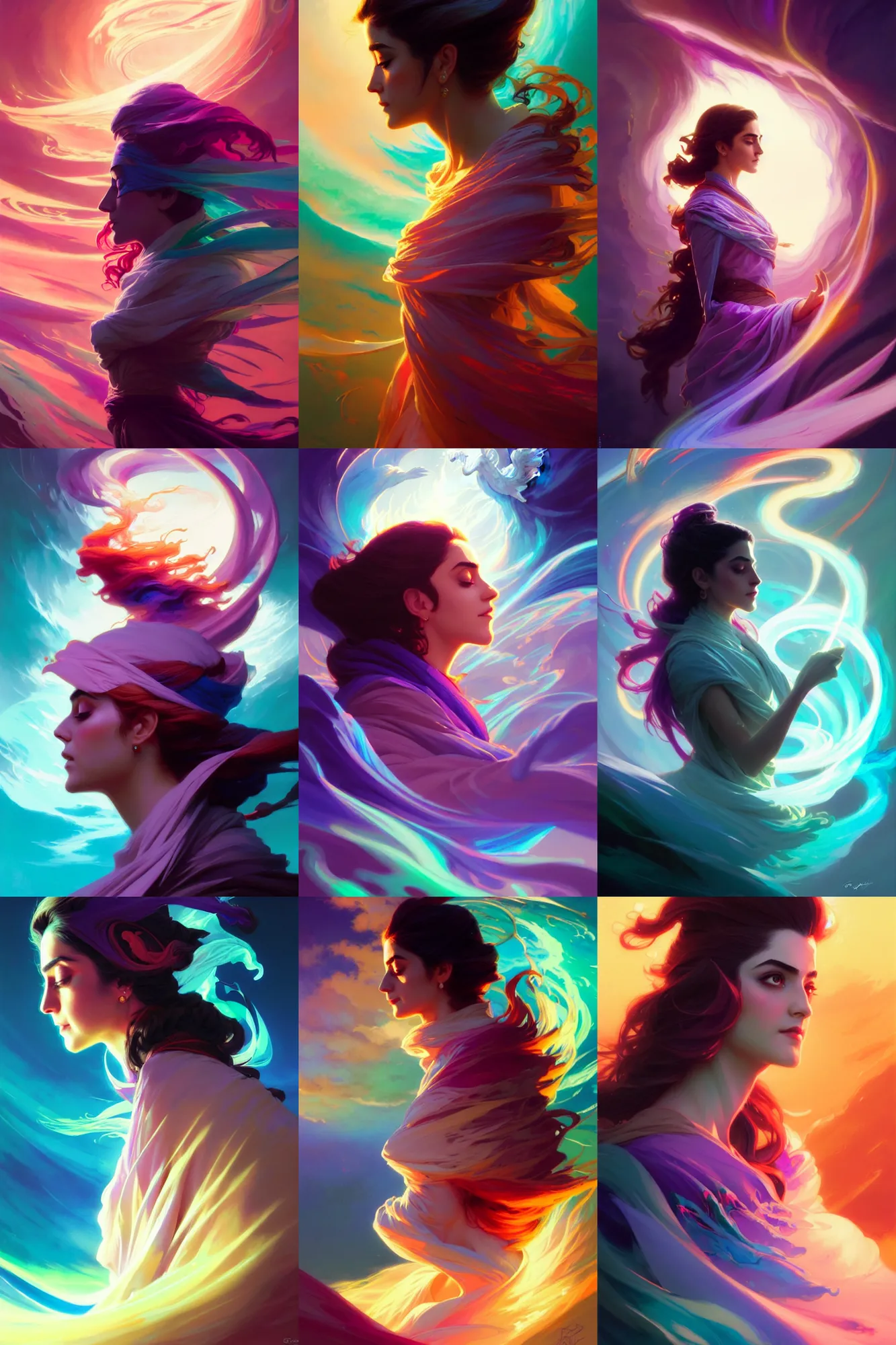 Prompt: side profile, maya ali, wind sorcerer, dota, robes, elegant, smooth, bright backlit, colorful psychedelic swirly magic ripples, pastel colors, by greg rutkowski, jesper ejsing, ilya kuvshinov, artgerm, mucha