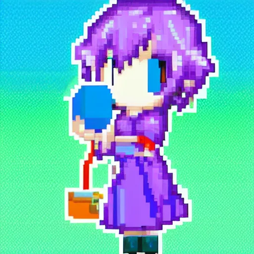 Prompt: pixel art anime girl holding a blue slime, kawaii chibi