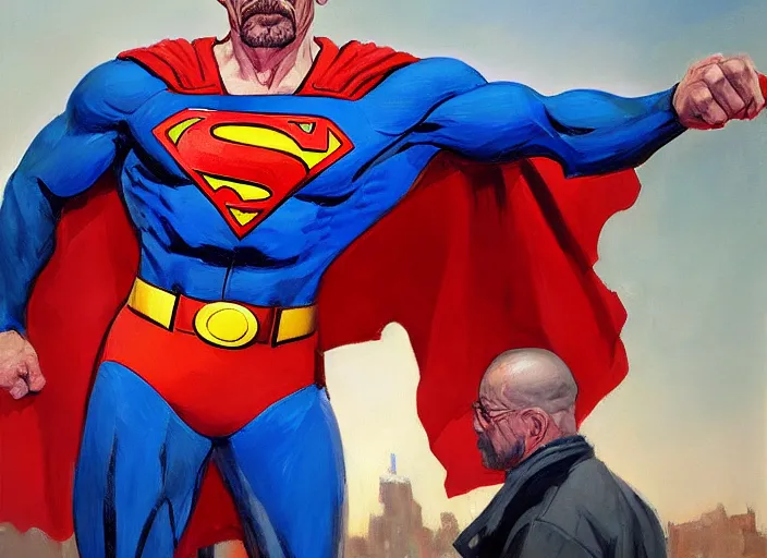 Image similar to a highly detailed beautiful portrait of walter white as superman, by gregory manchess, james gurney, james jean