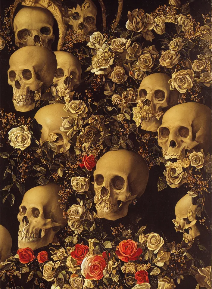 Image similar to portrait of hall of ossuary with a marble skulls with a wreath of gold roses and a dress of gold rose petals , oil painting in a renaissance style , very detailed, painted by Caravaggio.