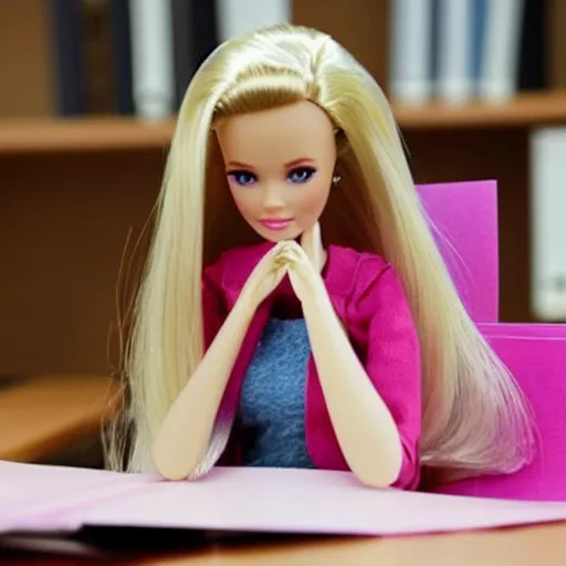 Image similar to a tired!!!!! and sad!!!!! looking barbie doll sits at a desk in her office. the desk is overflowing!!! with several large stacks!!! of paper that surround!!! her entirely. her head is resting on her hand, photorealistic,