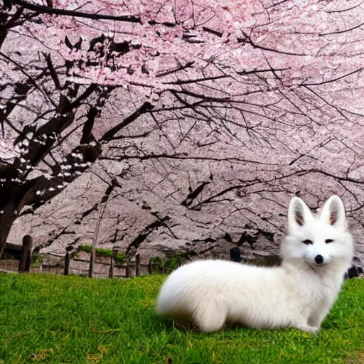 Image similar to cute white fox under a sakura tree with kyoto in the background