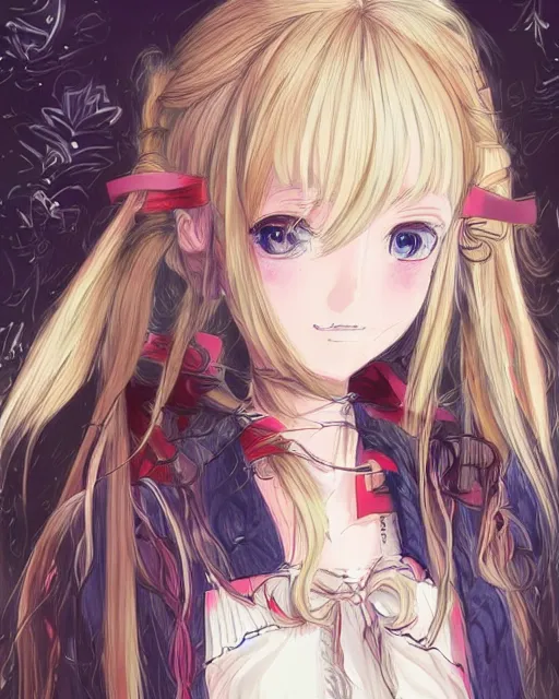 Image similar to illustration of a blonde twintails hair with ribbons anime girl with red eyes in the style of studio ghibli, ayami kojima, akihiko yoshida and 90's anime