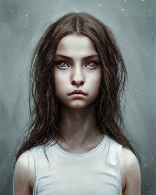 Image similar to symmetry!! portrait of 1 5 - year - old girl with voluminous bushy brown hair, large front teeth, and bright piercing brown eyes, hyper realistic face, beautiful eyes, fantasy art, in the style of greg rutkowski, intricate, hyper detailed, smooth